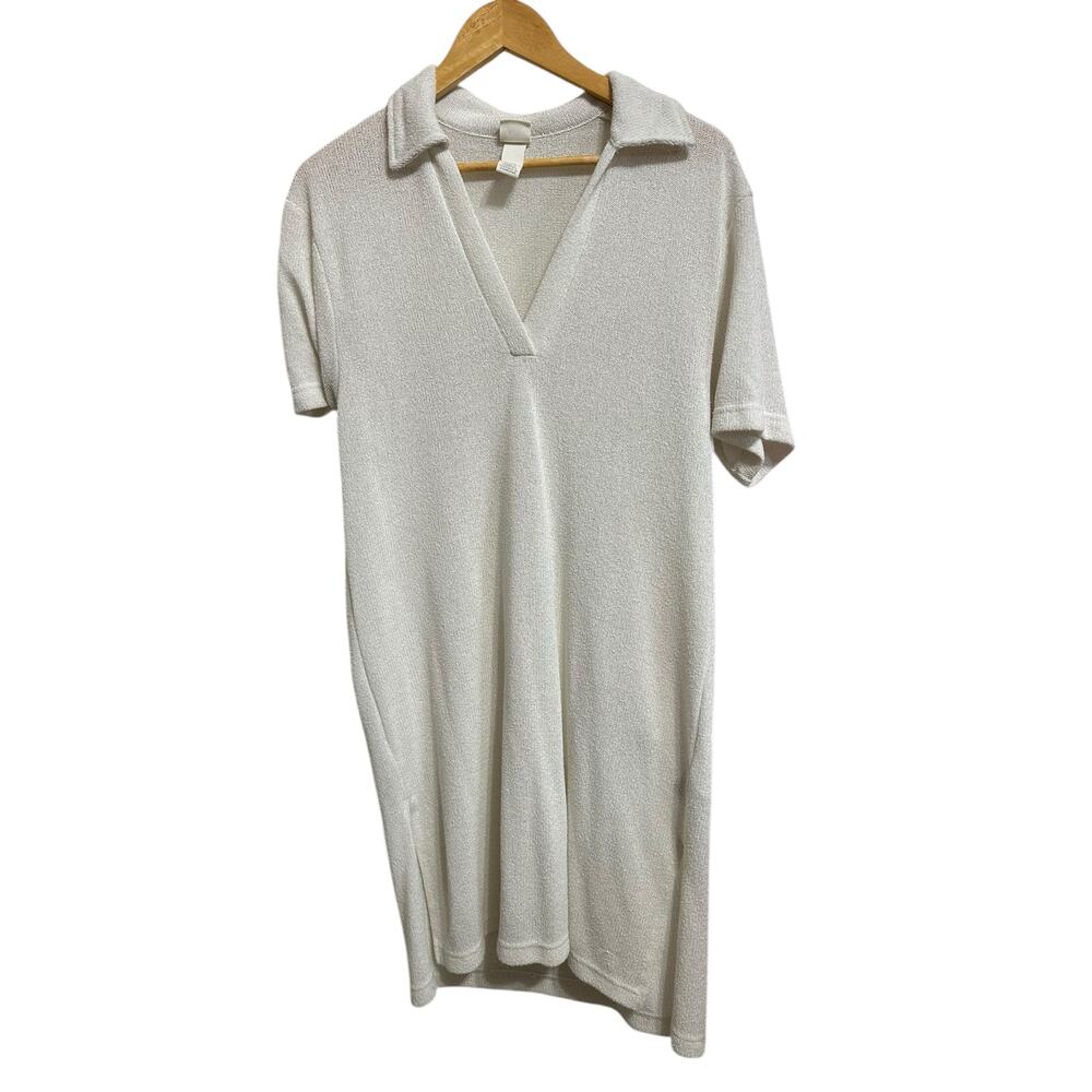 H&M women's white‎ short sleeve knit collared polo v neck mini dress size Small